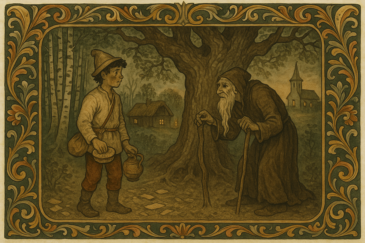 Askeladden står ved ei torvtak-hytte og en gammel eik med havrelefser og en doven øl, mens en krokete gammel mann møter ham ved skogkanten.