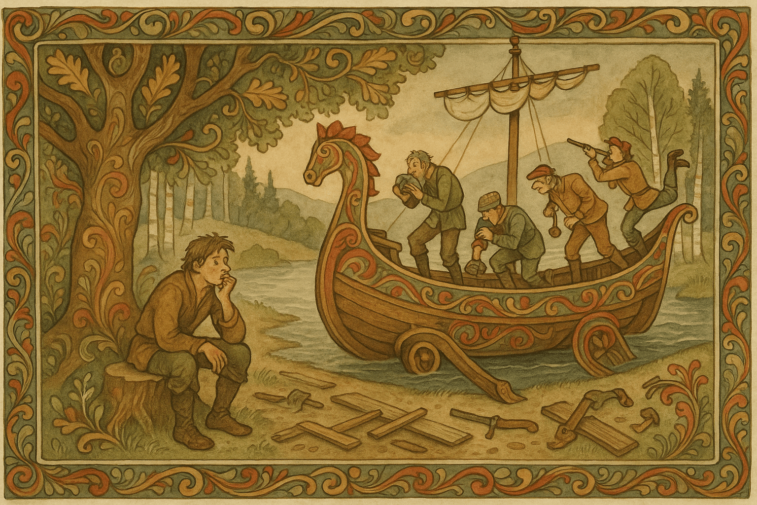 Det magiske skipet står delvis på land og i vann ved eika mens Askeladden og hjelpere som en steinspisende mann, en tønnepatter, en som lytter til bakken og en skarpskytter går ombord.