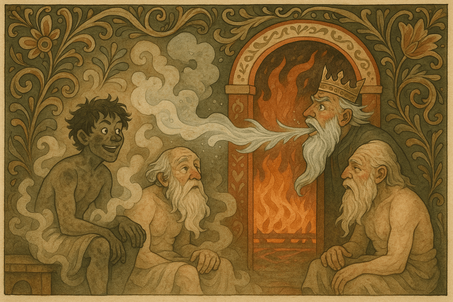 Askeladden og mannen med mange vintrer sitter i den hete badstua mens en frostsky slippes ut og treffer kongen idet døren åpnes.