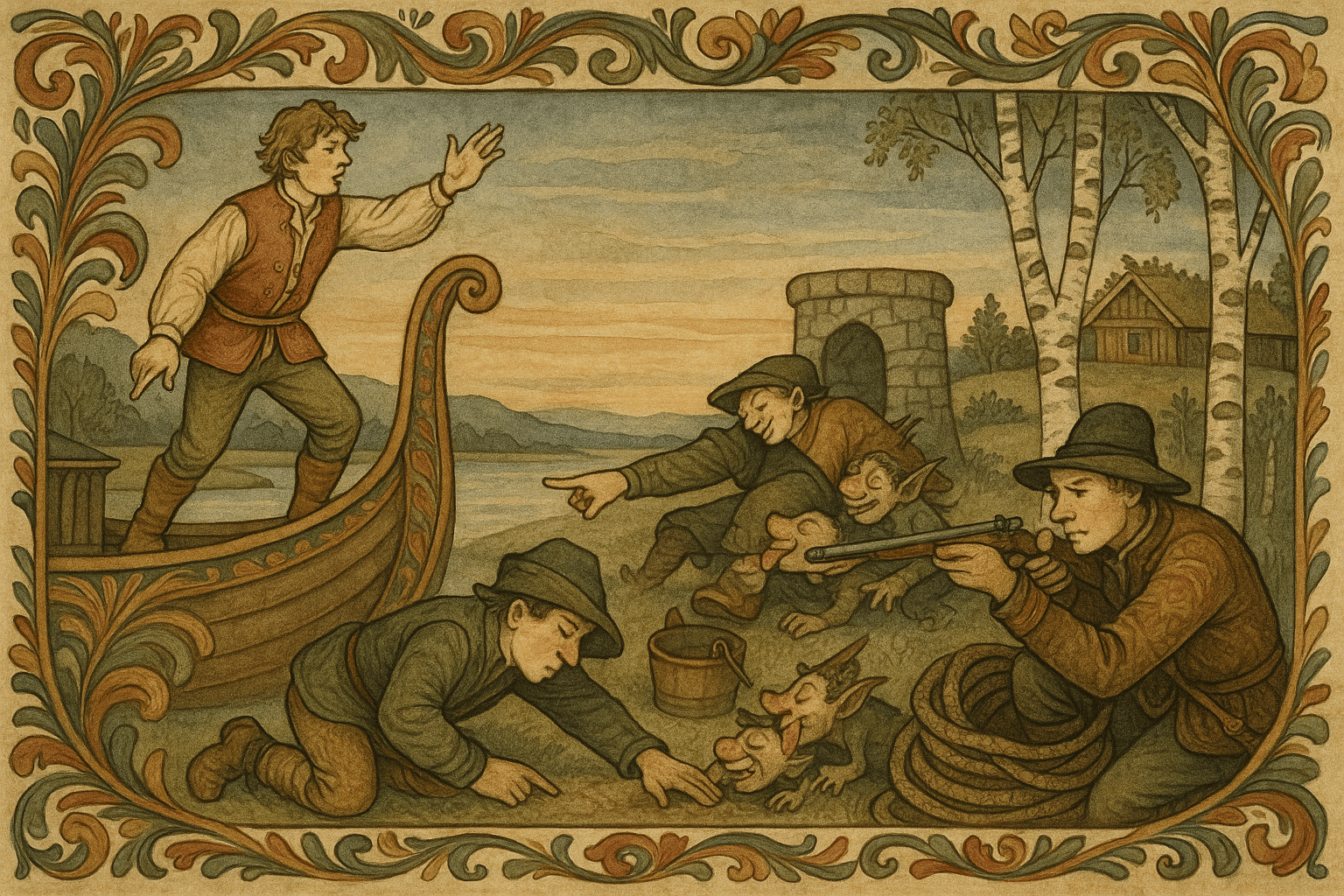 Askeladden står på dekk og peker mens mannen lytter til bakken; ved brønnen ligger en sovende tevann-henter omringet av små troll, og en skarpskytter sikter mot dem. Bildet viser også bjørkeskog og et torvtak i skumringslys.