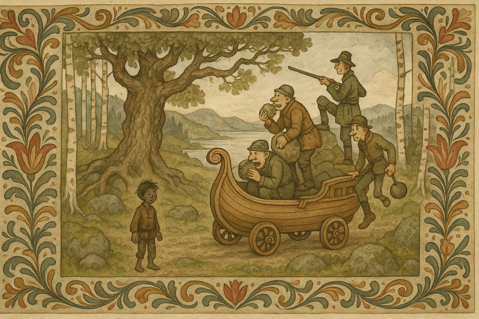 Askeladden står sotete ved den gamle eika foran et magisk skip som kan gå på land og vann, mens seks underlige hjelpere stiger ombord: en som spiser gråstein, en som suger på en tønnetre, en som lytter til bakken, en skarpskytter og en hinkende med vekter.