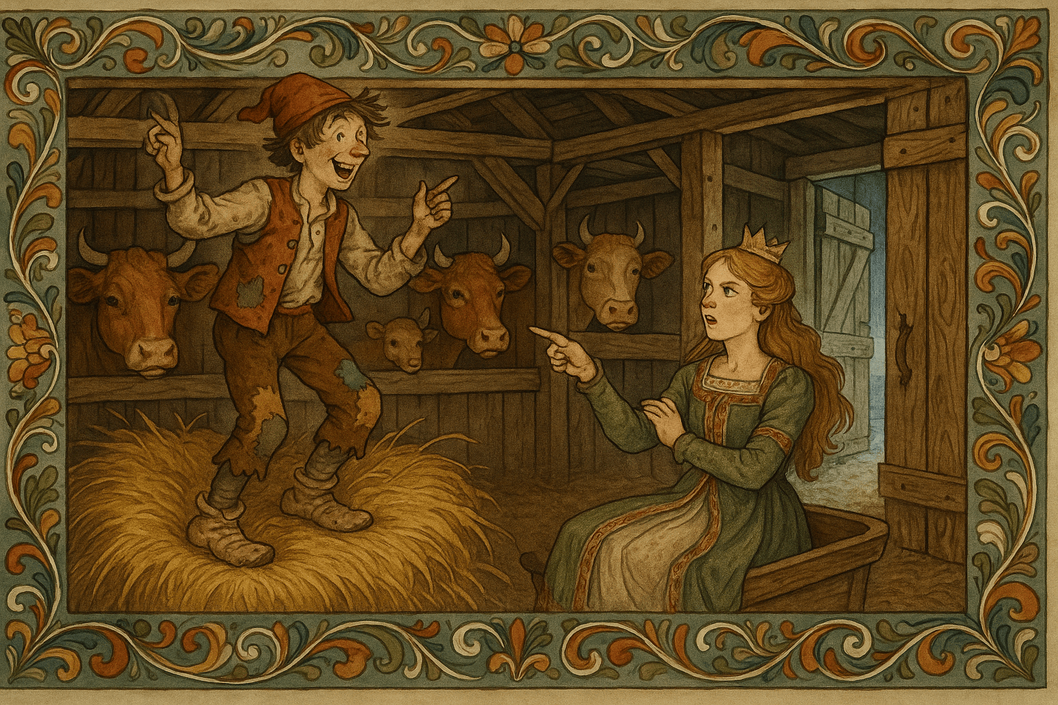 Askeladden står i fjøset og forteller et villt eventyr mens prinsessen reagerer oppbrakt; kyr og høy omgir dem i et rustikt, norsk fjøs.