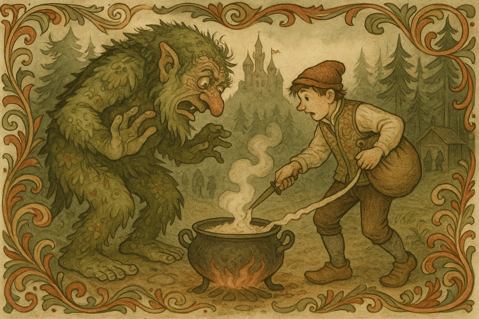 Askeladden stikker kniv i en skjult sekk ved en rykende jerngryte mens et stort trolldyr skjelver og faller sammen ved en kilde. I bakgrunnen skimtes brødrene og skogkanten ved et tømmerhus.