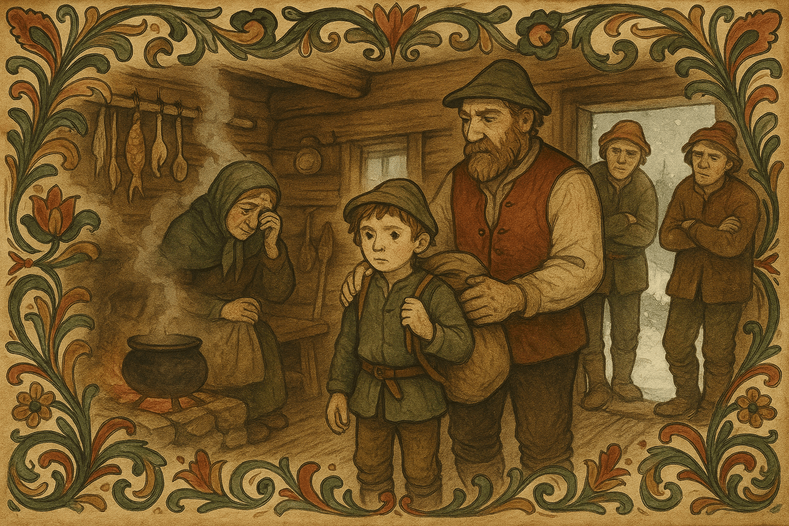 Askeladden tar farvel i en enkel tømmerstue med ryggsekk; mor tørker tårer ved ildstedet, far legger hånden på hans skulder og de andre brødrene står i døråpningen.