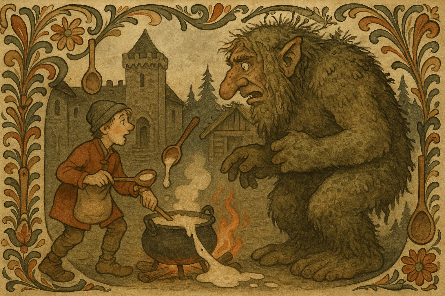 Askeladden står ved en stor, rykende jerngryte med rømmegrøt og har en sekk skjult under jakken mens trollet ser på. Han stikker kniven i sekken så grøten renner ut.