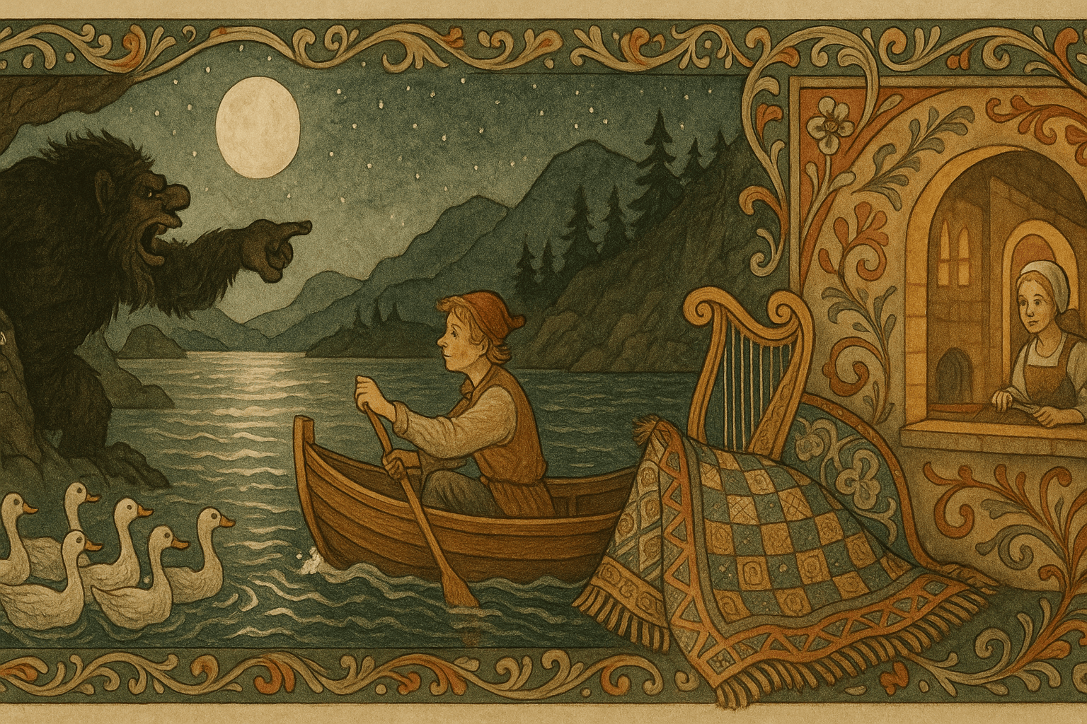 Askeladden ror i knatraug på månebelyst fjord med syv skinnende sølvender, et mønstret sengeteppe og et glimt av gullharpen; et stort troll står på stranden og roper mens trolldatteren titter ut fra hulen.