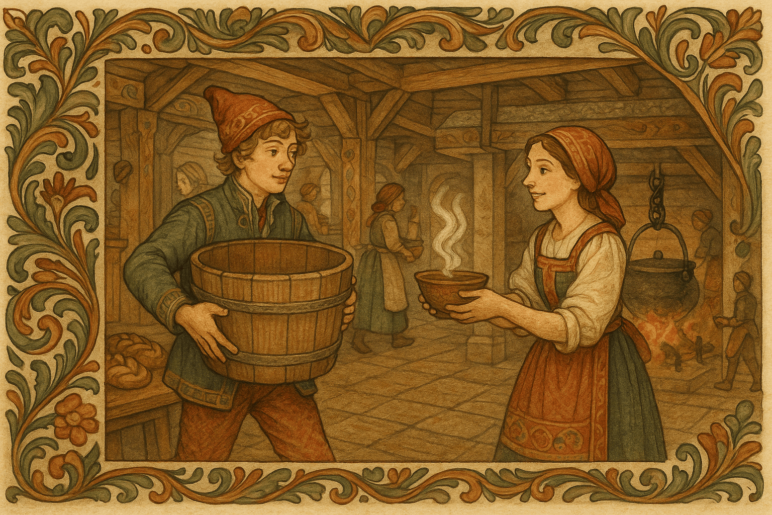 Askeladden bærer et knatraug i den varme kongsgårdens kjøkken mens kokkejenta smiler og rekker ham en bolle foran ildstedet.