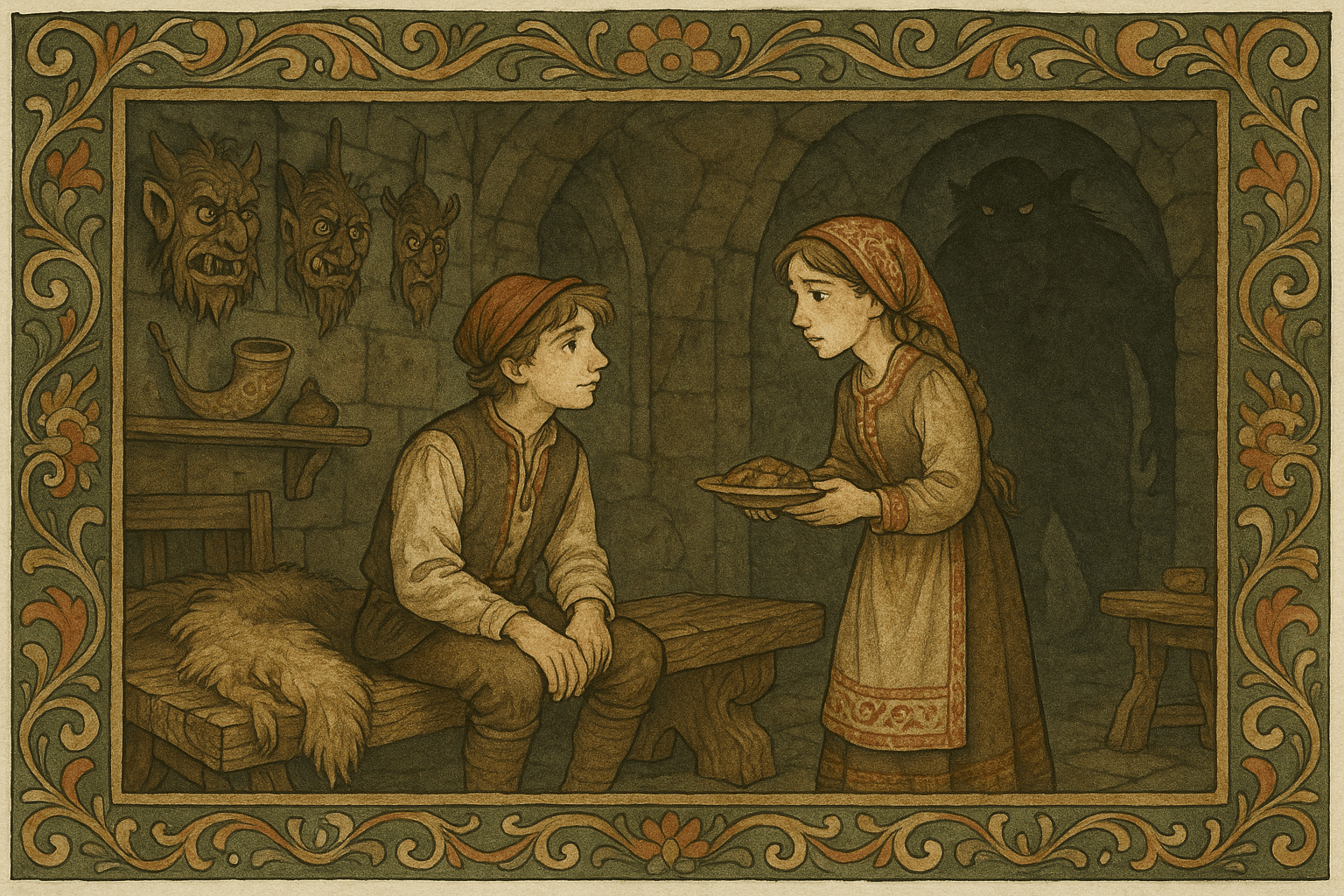 Askeladden sitter på gjøstien i trollens fjellhall mens trolldatteren nølende bærer mat, med trollet som en mørk skygge i døråpningen.