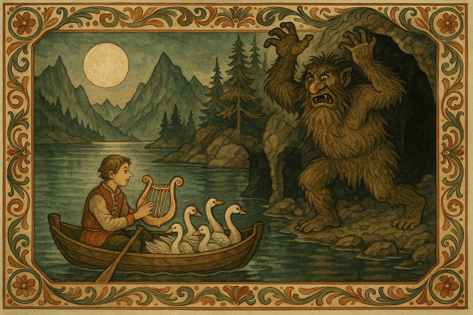 Askeladden ror i en liten kna-trauget over månespeilet vann med de syv sølvendene og gullharpen, mens et stort troll står rasende på steinstranda utenfor en hule.