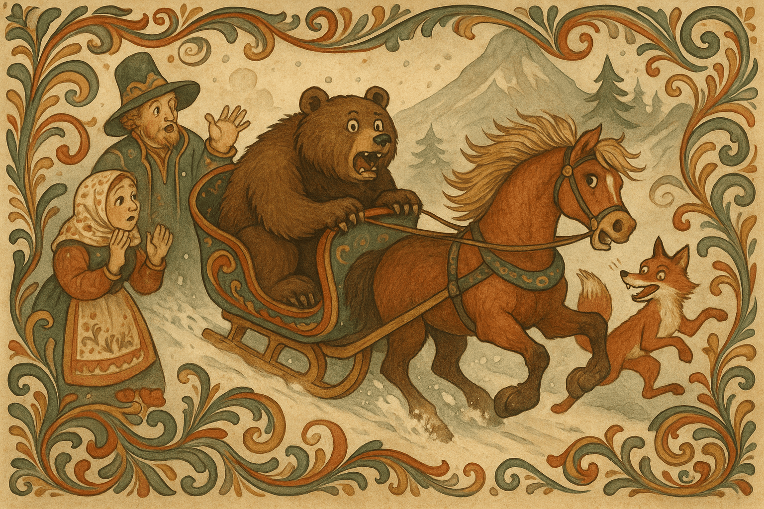 Bamse Brakar holder seg fast på en rekende slede mens hesten farer avsted, og reven Mikkel løper etter og roper om å få sitte bakpå.