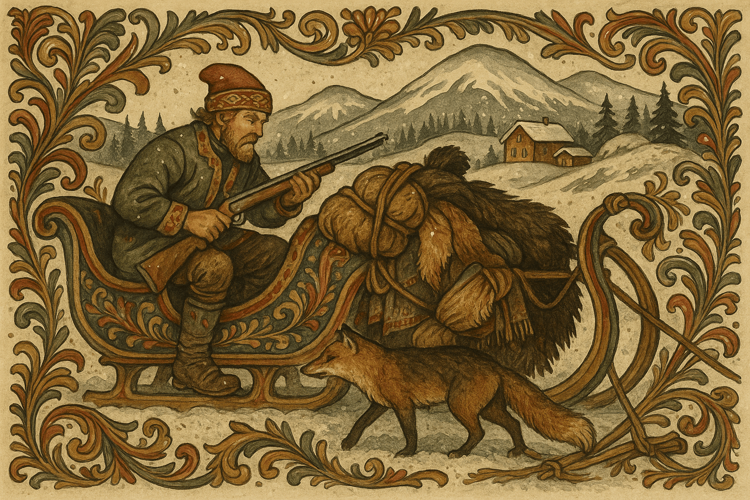 Bonden har skutt Mikkel; han legger revebelg og bjørnehud på sleden foran snødekte fjell.