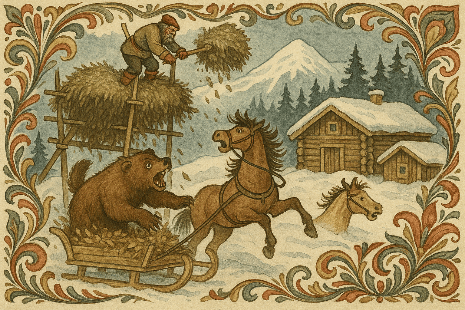 En bonde på en snødekt fjellgård velter løv fra en hesje ned på ei treslede, mens en bjørn våkner i hesja og hopper ned på sleden; hesten blir skremt og reiser seg.