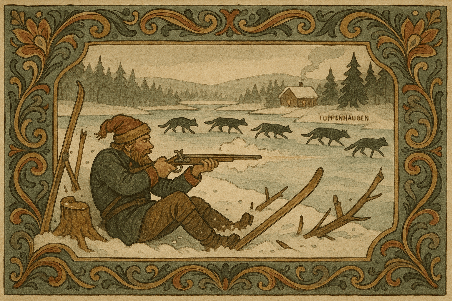 Mannen ligger delvis begravd i snø ved en brekkeskade på skien, skyter mot ulver på isen; et røykspor og Tuppenhaugen skimtes over elvebredden.