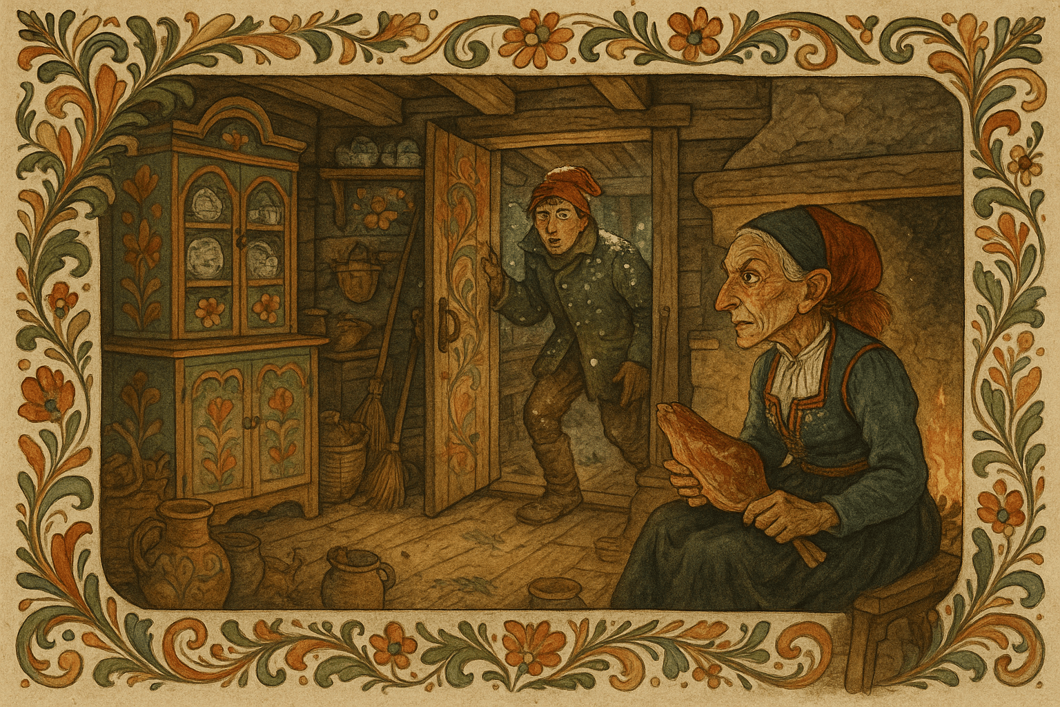 Berthe ved peisen reiser seg overrasket når en snøplaget unggutt kommer inn; hun har tradisjonell Hadelandsdrakt og sitter ved peiskrakken.