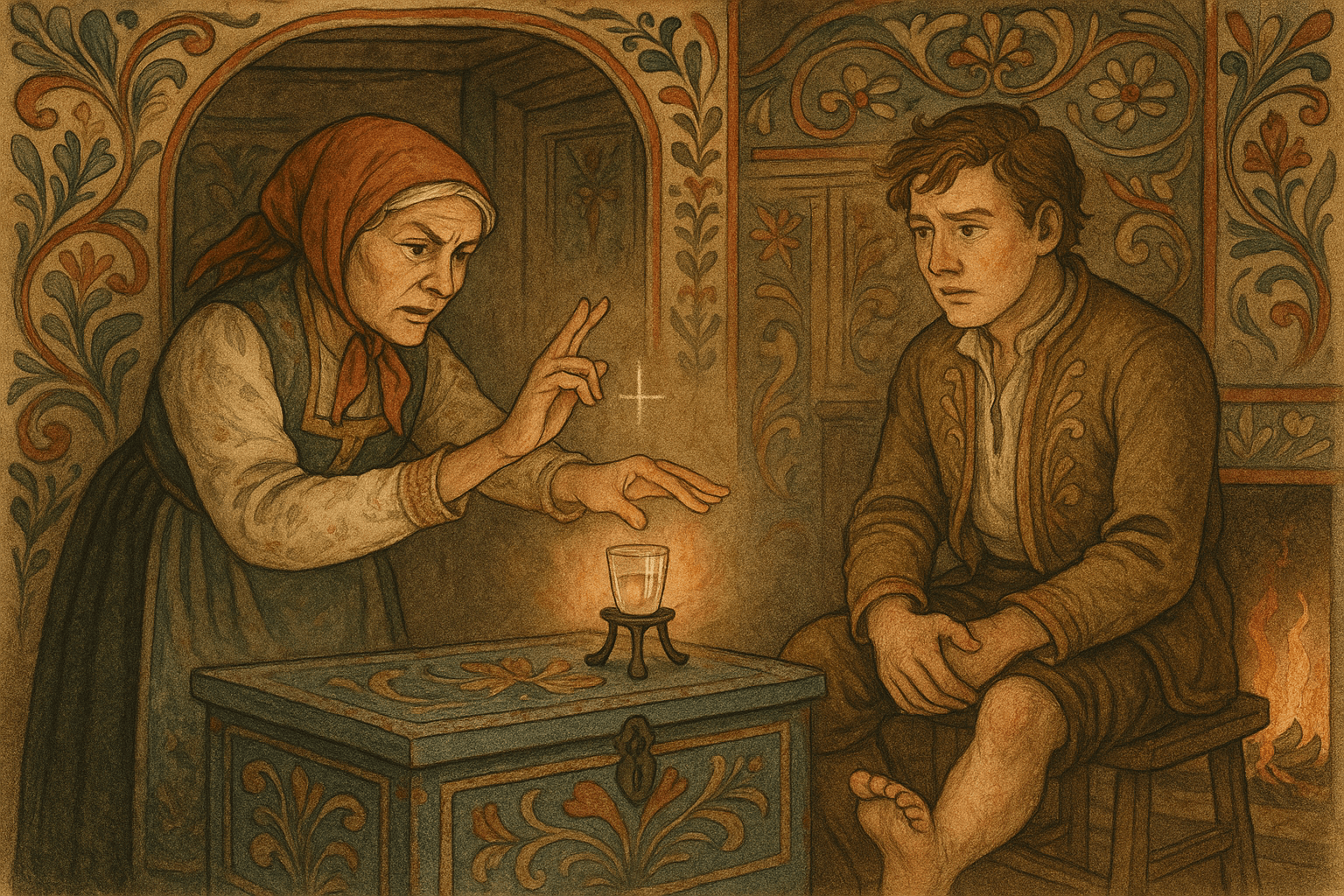 Berthe hvisker og korslegger over et brennevinsglass tatt fra en blå lerke mens hun behandler den skadde foten.