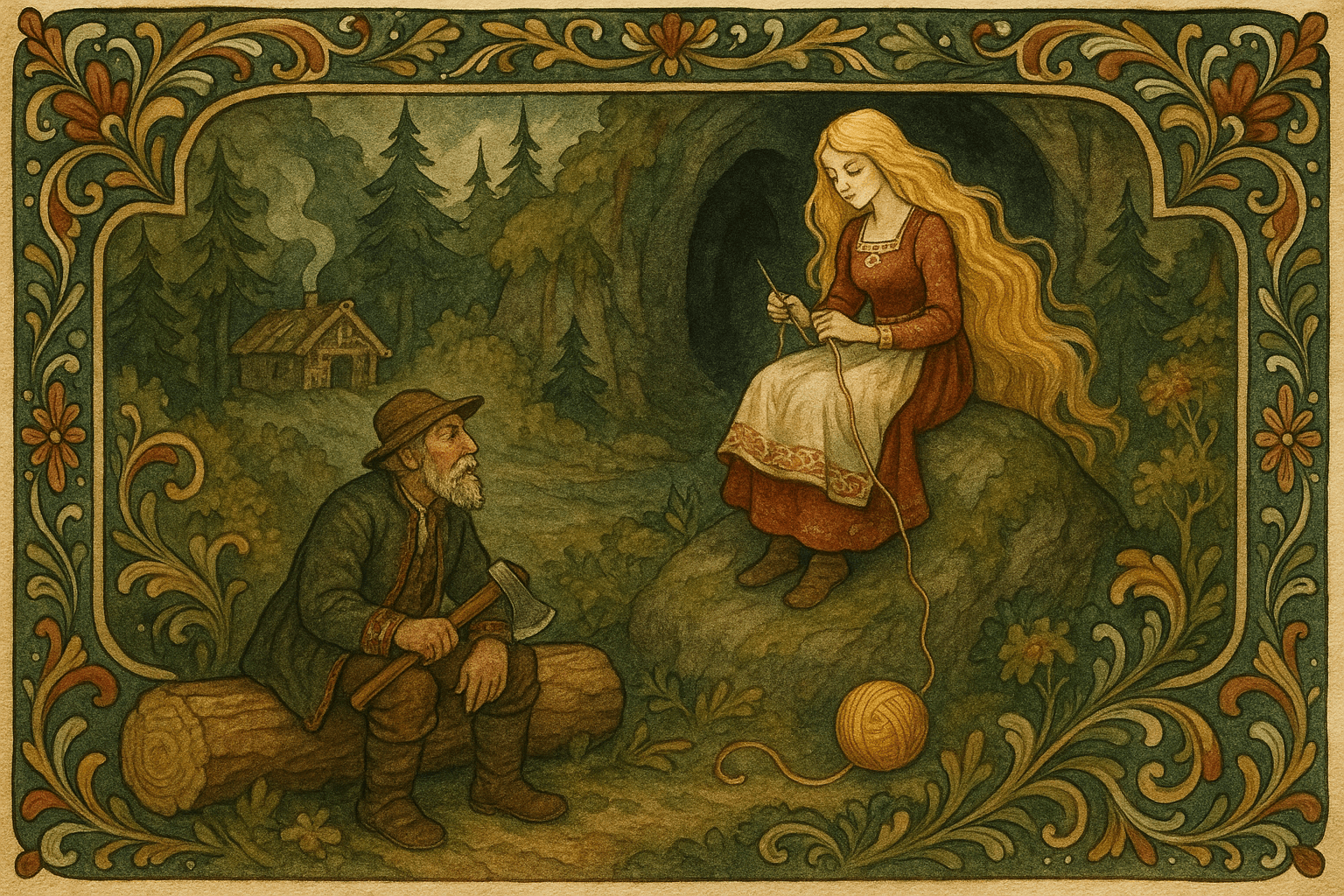 Morbror Mads ser en hulder sitte på berget og sy, mens et stort garnnøste triller ned mot føttene hans og lokker ham.