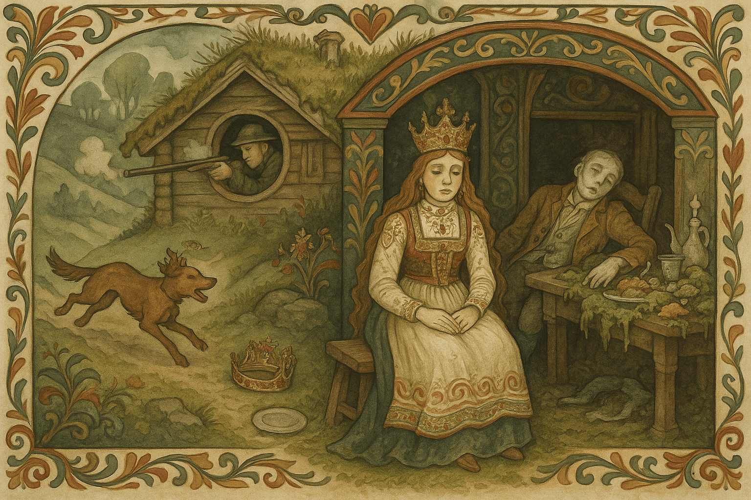 I setra sitter ei jente i brurekjole blant underjordiske, mens hunden løper til Melbustad og en jeger skyter utenfor; maten forvandles til mose.