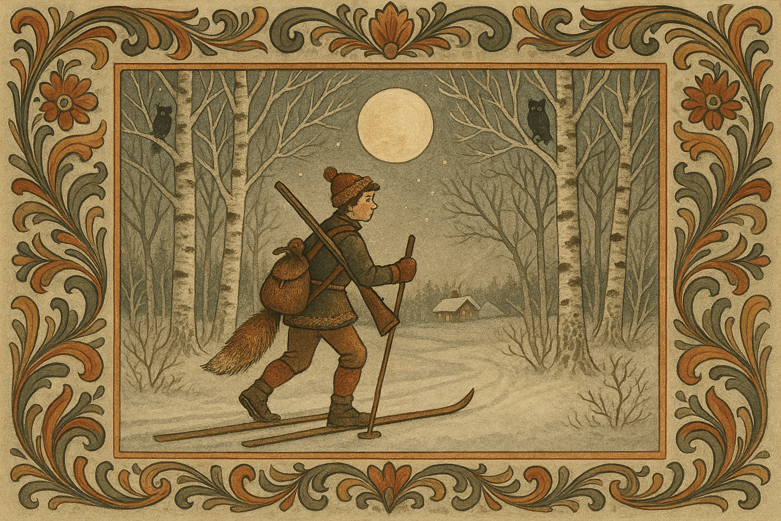 En student på ski i måneskinn gjennom en bjørkelund, med revebelg og børse, og et fjernt røyklys fra en gård i horisonten.