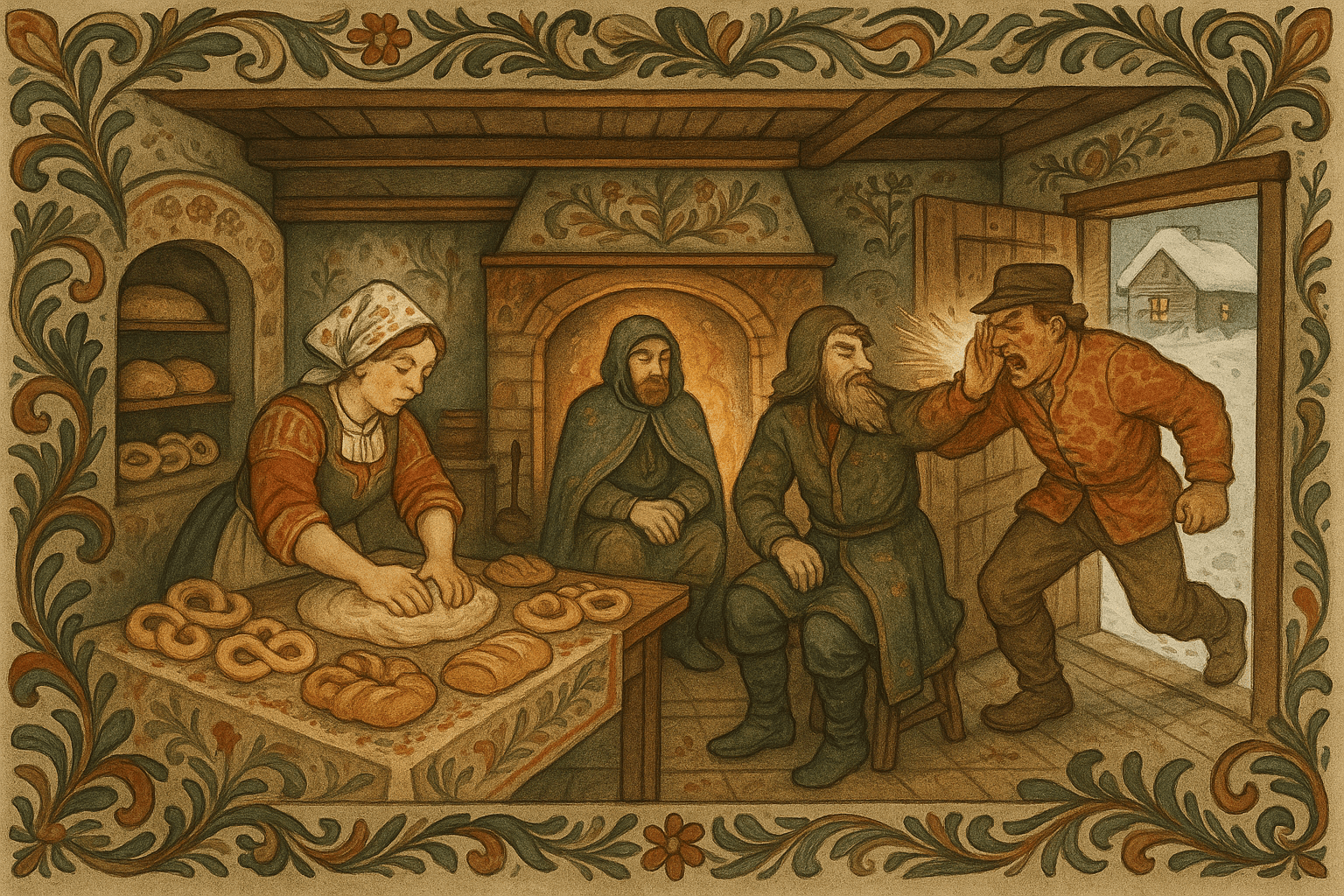 Den fremmede sitter ved peisen og hjelper til med bakingen mens brød og kringler kommer frem; bonden blir slått ut og kastes ut av huset.