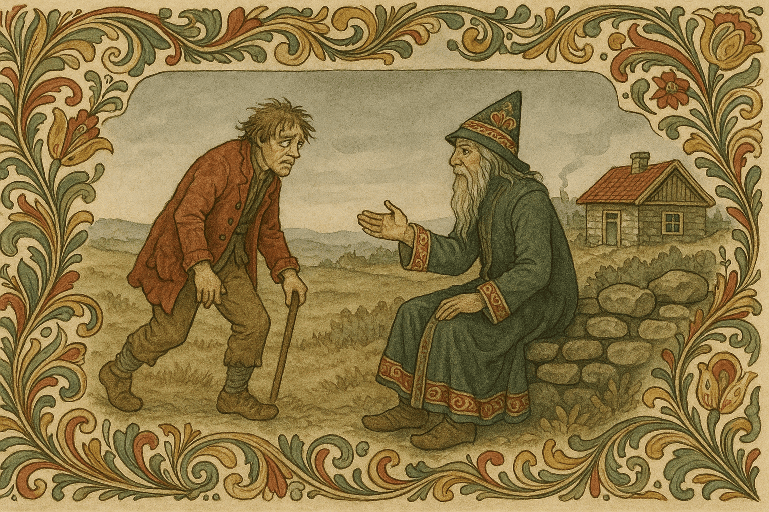 Den forkomne bonden sitter på et steingjerde og gråter; den fremmede tilbyr ham å få komme hjem mot en tolftedel, sjettedel eller halvparten av det han eier.