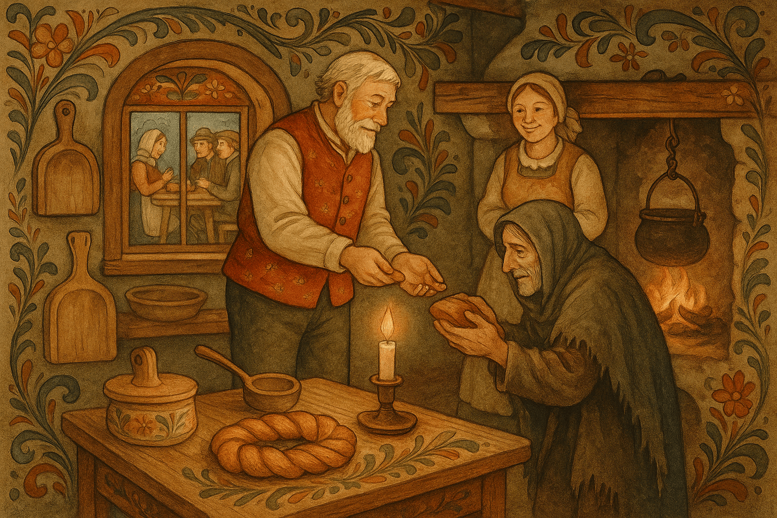 Bonden er tilbake og gir brød og penger til en tigger ved døra mens kona står ved peisen; huset er varmt og vennlig.