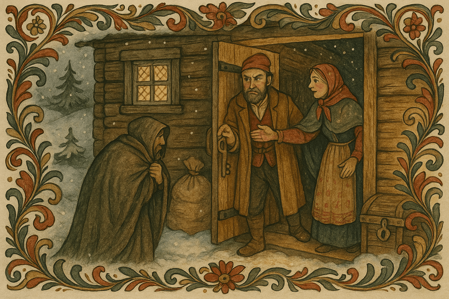 En rik bonde står ved en halvlåst dør og ser mistenksom ut mens kona åpner for en tigger; snødekt tun utenfor.