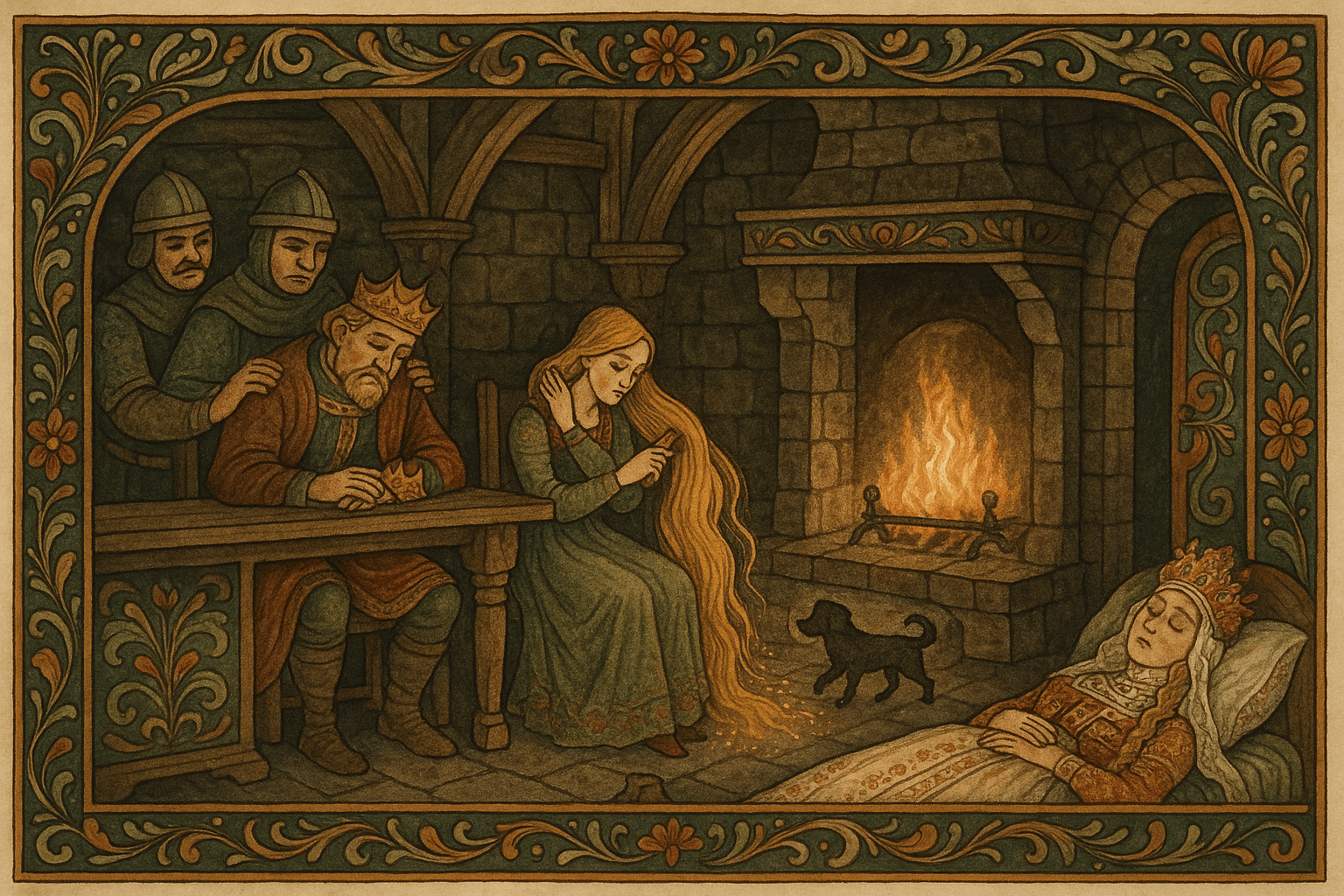 I slottets kjøkken børster en vakker jomfru håret sitt så gulldryss faller, mens kongen holdes våken av vakter og Lille Kaværn blir sendt ut.