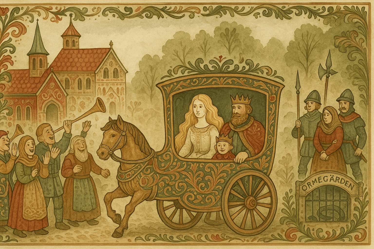 Bruden og kongen kjører i bryllupskjerre, brudens hår drysser gull og Lille Kaværn sitter med dem; i bakgrunnen føres stemoren og rettedatteren mot ormegården.