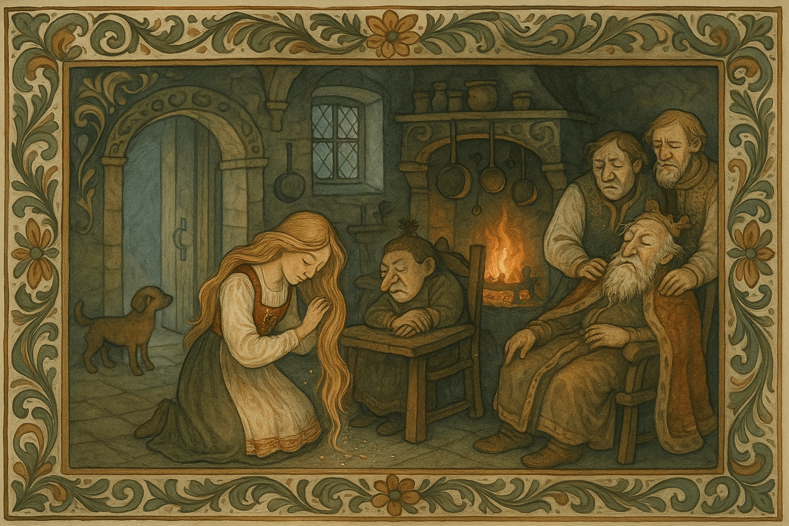 En vakker kvinne i slottets kjøkken børster langt hår så gulldryss faller, en liten hund står ved døra, buskebrura sover med skjev nese og en hårbusk, og vakter holder kongen oppe.