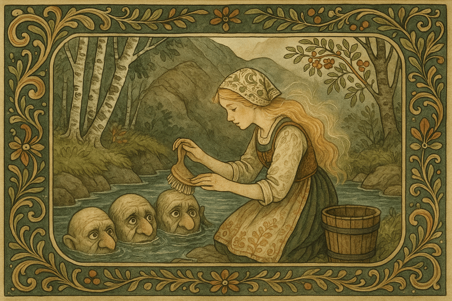 En ung kvinne vasker tre mystiske hoder i en bekk mellom bjørketrær; et svakt gullskimmer begynner å vise seg i håret hennes.