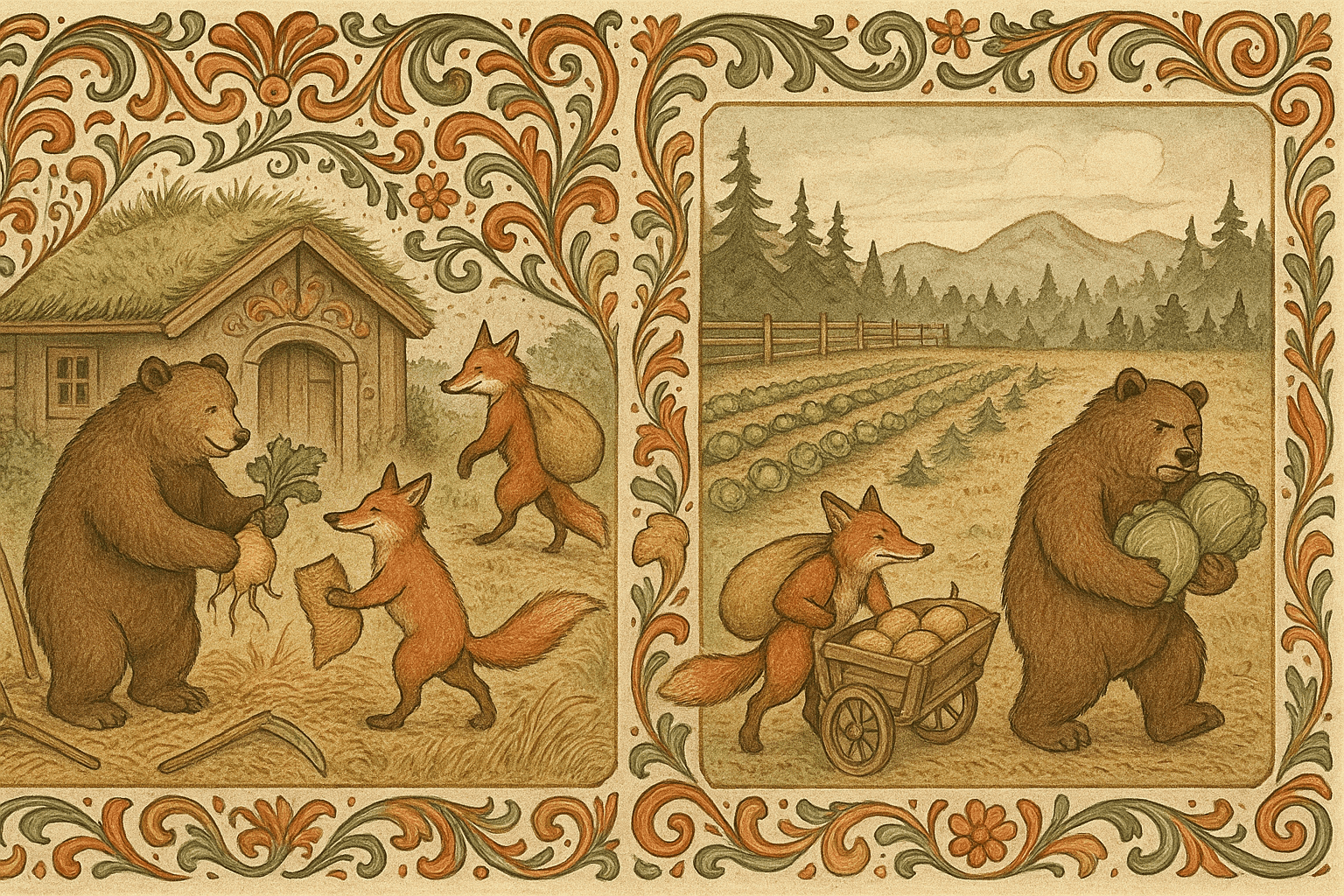 Tofelt bilde: til venstre høster reven rug og går bort med korn mens bjørnen står igjen med taver og teger; til høyre tar reven neperene og bjørnen sitter igjen med kål og går sin vei.