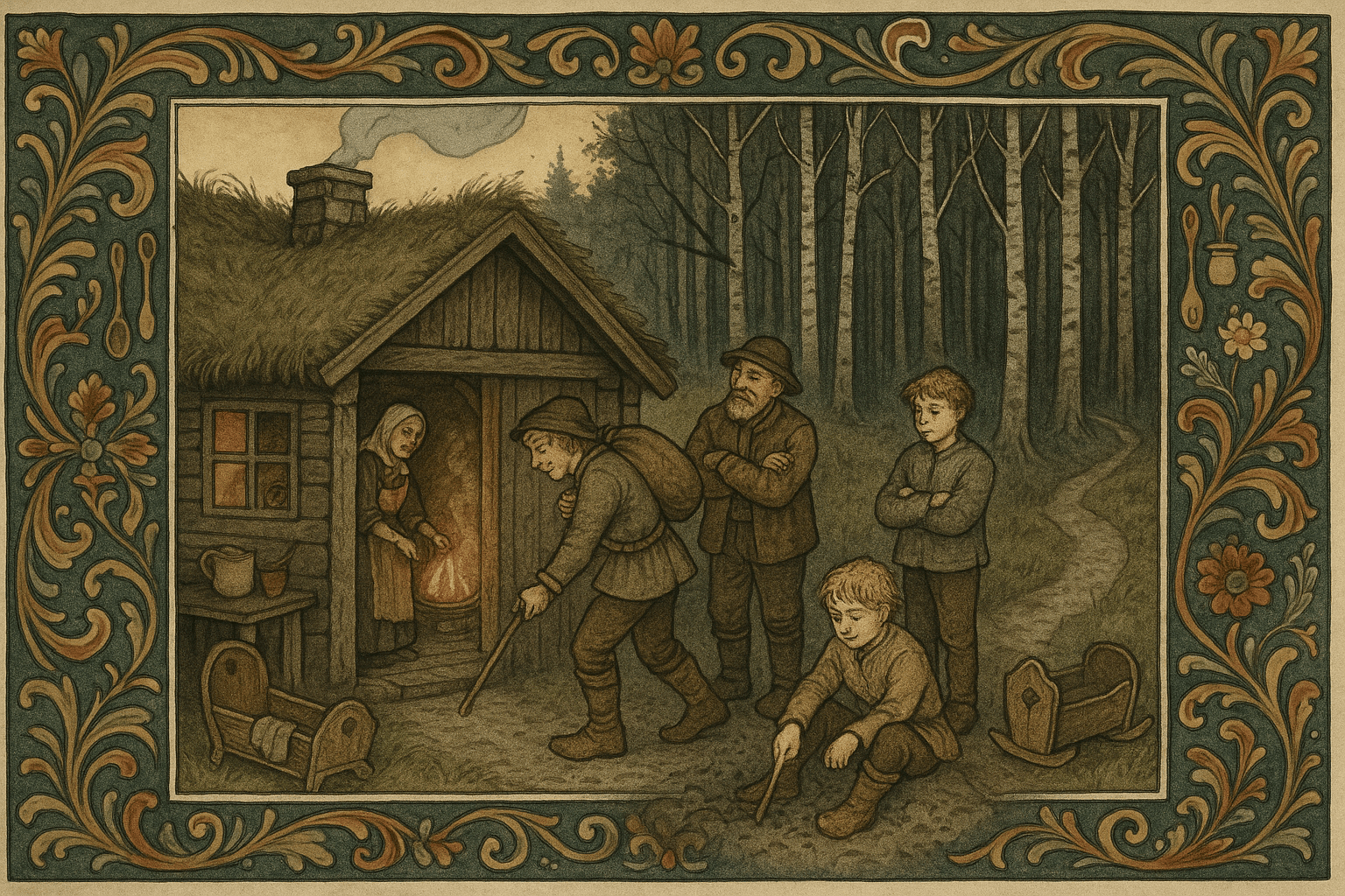 En liten ussel stue ved skogkanten: foreldrene og tre sønner, hvor yngstemann Askeladden sitter og graver i asken foran ildstedet mens den eldste pakker til avreise.