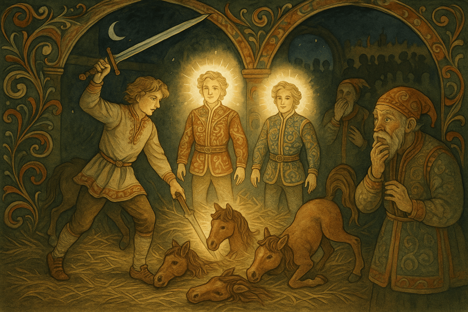 I en mørk stall hugger Askeladden hodet av hvert fol og legger det ved riktig hale; etter hvert står de syv prinsene opp i praktfulle klær.