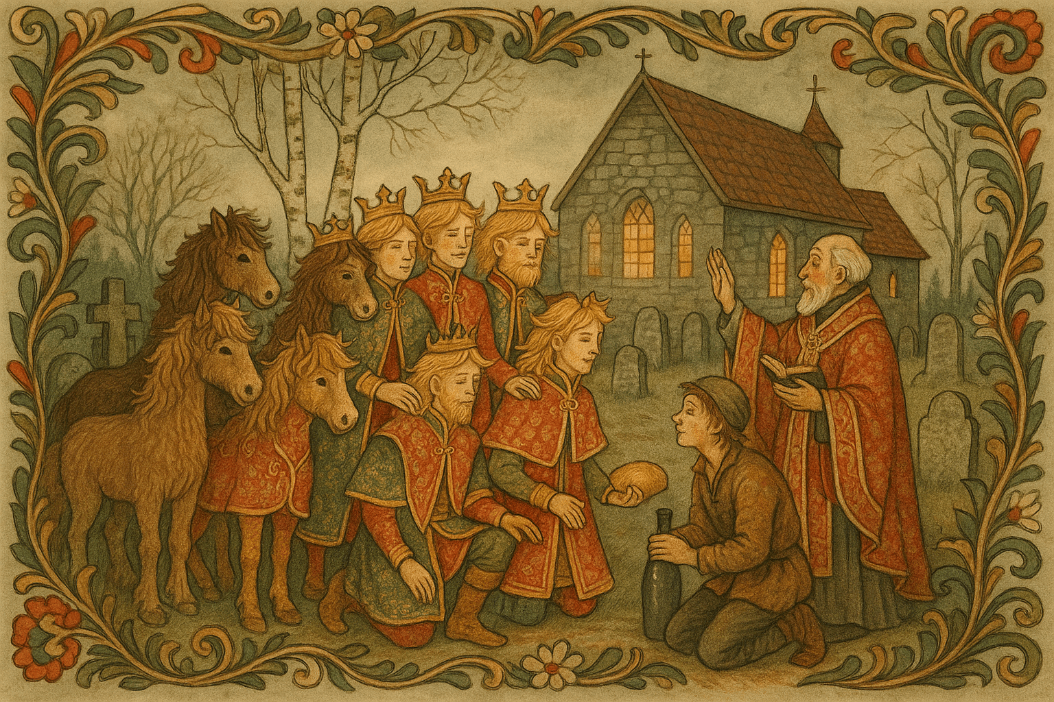 Askeladden kneler i en kirkegård ved en steinkirke og holder alterbrød og en vinflaske mens de syv folene forvandles til kongssønner mellom gravstøtter og bjørketrær.