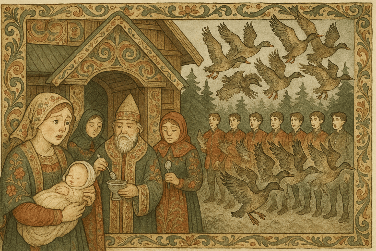 Ved dåpen av den nyfødte ser man tolv prinser forvandle seg til villender som tar til vingene, mens sølvskjeer ligger på bordet. Kongsgården og grantoppene danner bakgrunn.