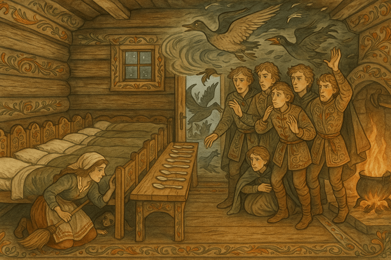 I en tømmerstue står tolv senger og tolv sølvskjeer; jenta ligger skjult under yngste seng når tolv villender kommer inn og blir til prinser. Et dramatisk møte finner sted ved ildstedet.