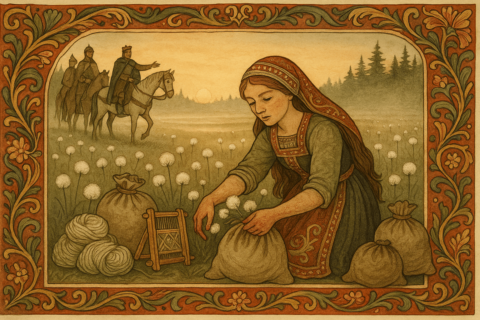 Jomfruen samler myrdun på en lyngmyr ved daggry, omgitt av sytau og sekker, mens en ung konge på hest ser på henne. Myrlandskapet og hvite tuer danner omgivelser.