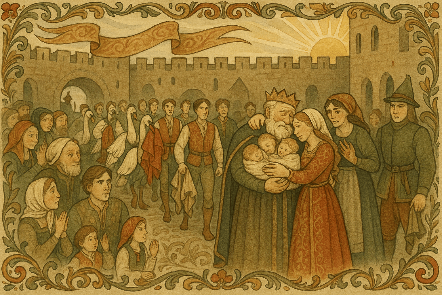 Tolv prinser vender tilbake og står foran kongen med de tre barna som er reddet fra ormegården; stemoren blir anklaget og ført bort. Familien gjenforenes i borggården.