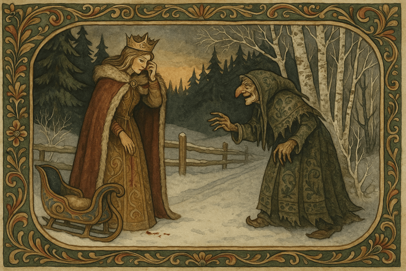 En dronning i pelskappe står ved et gjerde i nysnø med neseblod, mens en krokete trollkjerring nærmer seg og tilbyr en pakt. Scenen viser vintervei, slede og mørk furuskog i bakgrunnen.