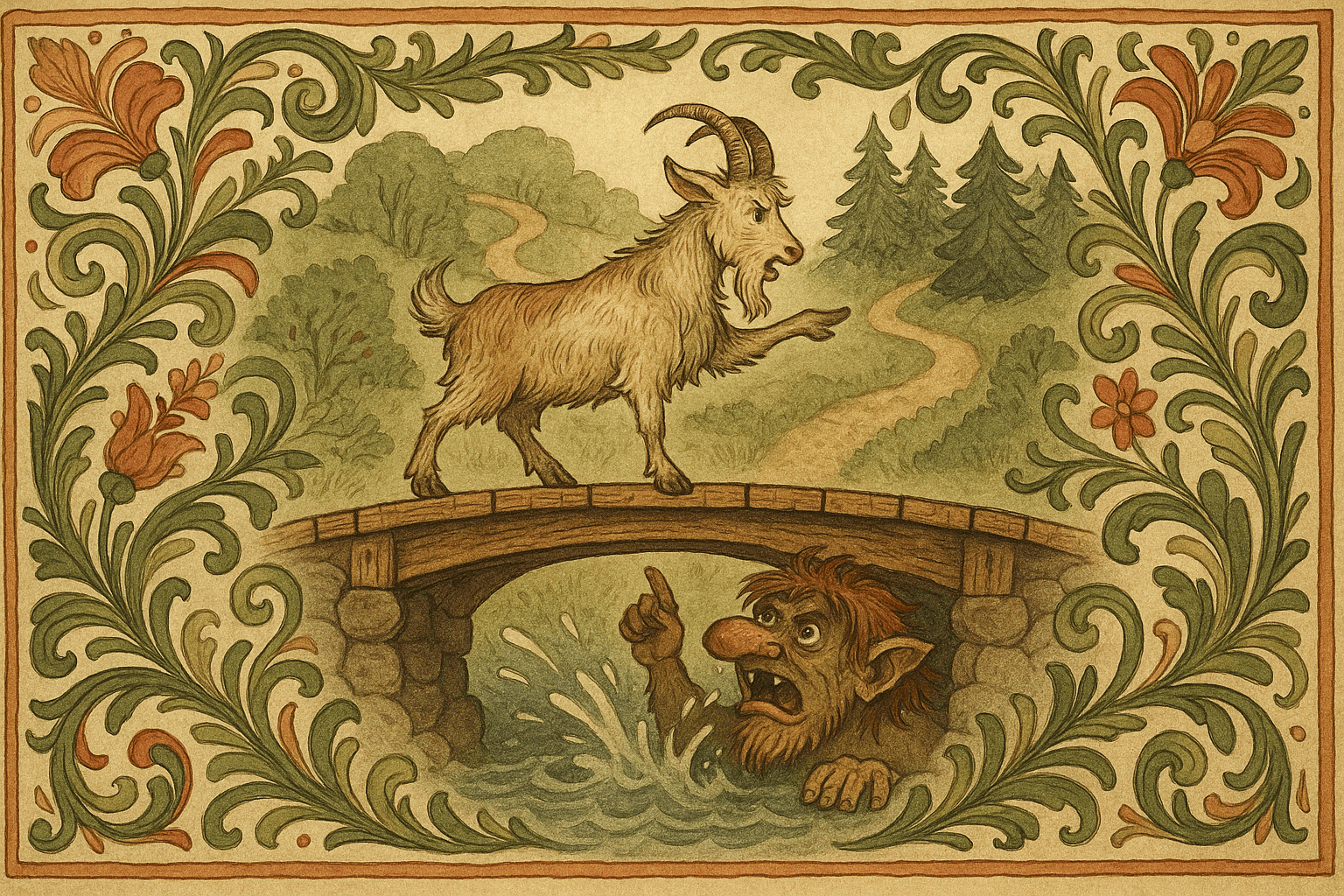 Mellomste Bukken Bruse står på midten av brua og snakker til trollet som stikker hodet fram under. Vannsprut og treplanker er tydelige i bildet.