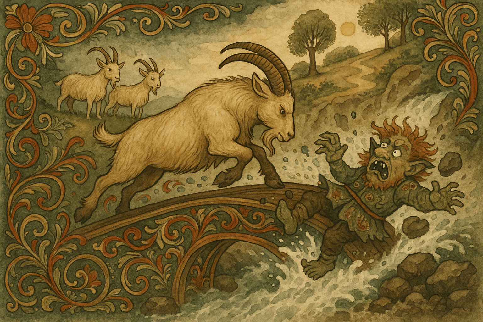 Store Bukken Bruse stanger trollet utfor brua, trollet faller ned mot fossen. De andre bukkene ser lettet mot seteren i sollys.