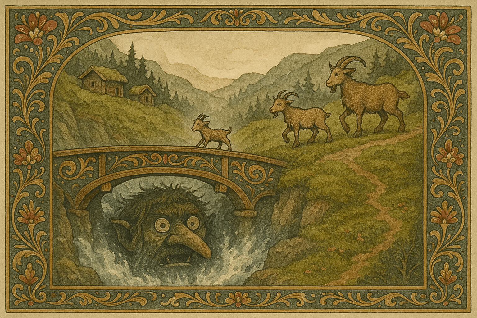 Den minste Bukken Bruse trår forsiktig over ei trebru over en foss mens et stort troll lurer under. Setervoller og furukledde åser i bakgrunnen.