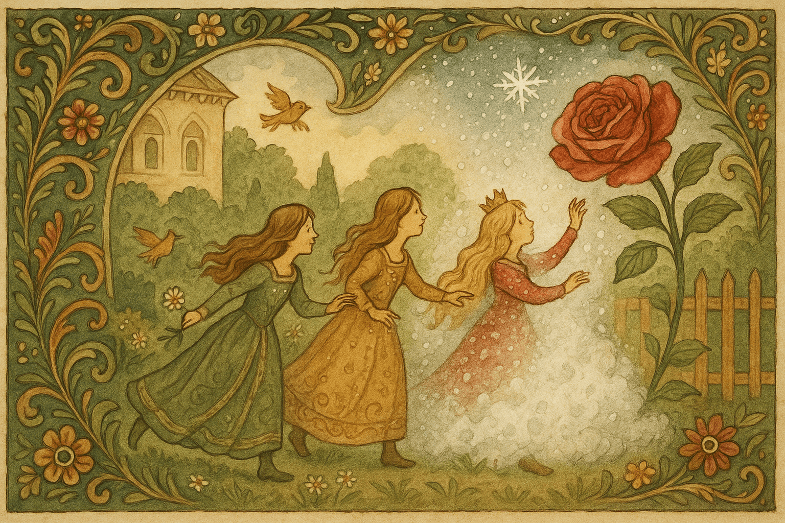Tre kongsdøtre plukker blomster i hagen og bukker seg for en stor rose idet en tett snefloke faller og omfavner dem, og de forsvinner. Bildet viser den brå kontrasten mellom solvarme hage og den overnaturlige snøen.