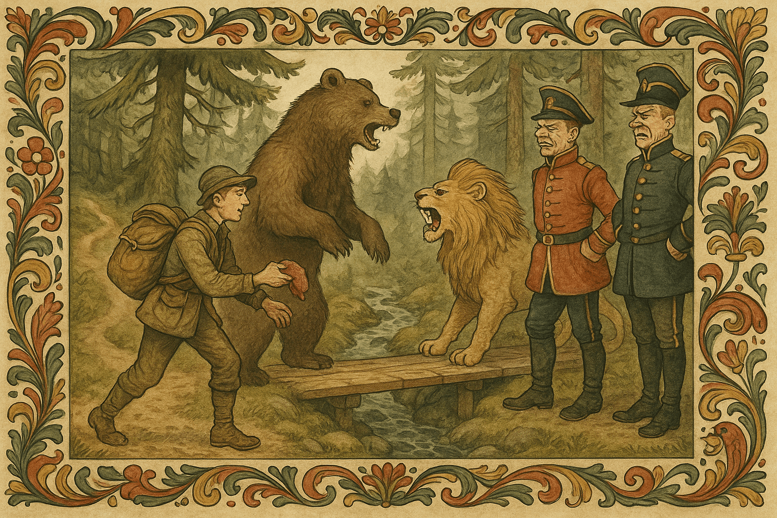 Soldaten møter kapteinen og løytnanten i skogen, og alle tre står foran en klopp hvor en bjørn og en løve vokter veien. Soldaten kaster kjøtt for å temme dyrene og la dem passerer.