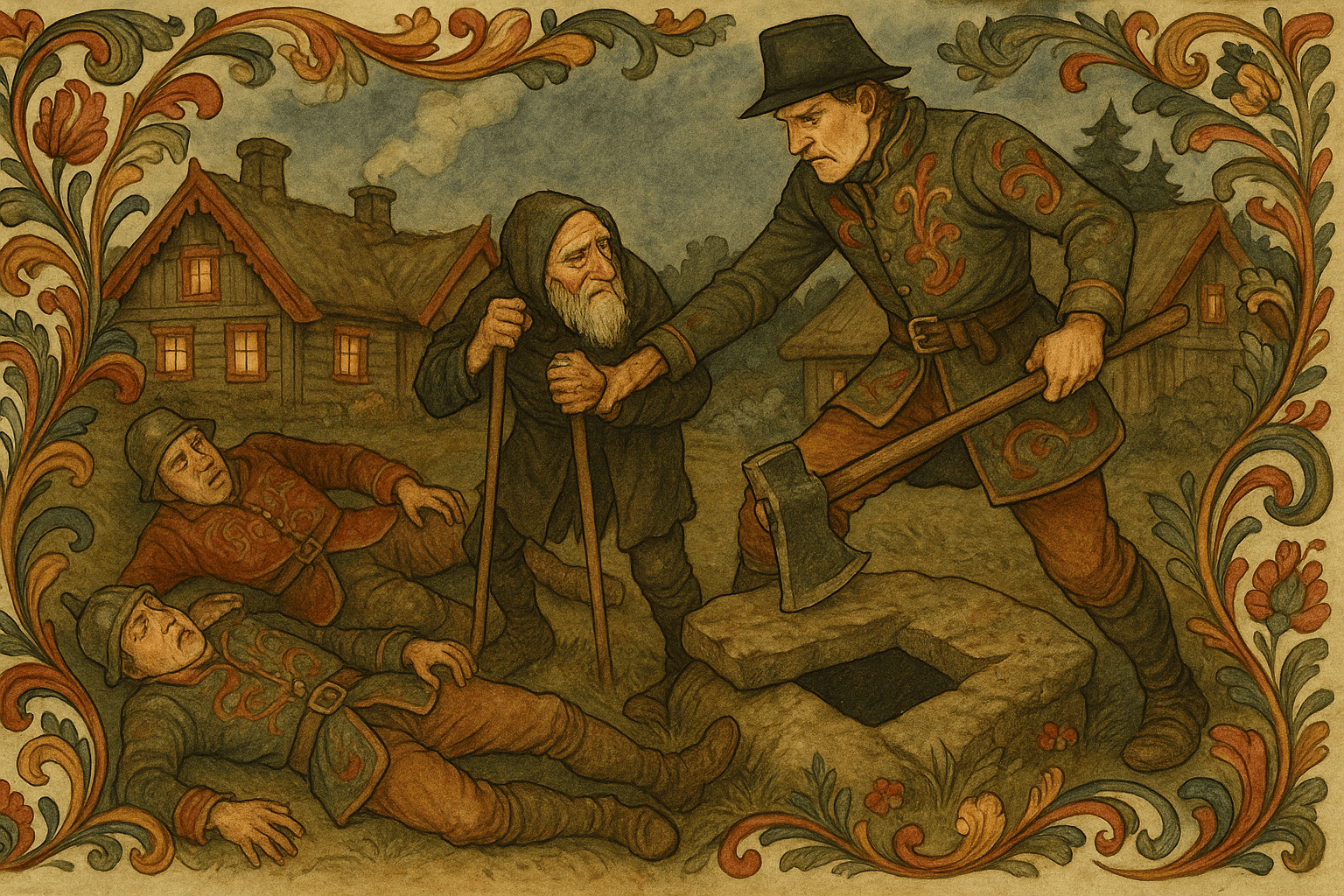 På tunet ligger kapteinen og løytnanten skadet etter å ha møtt den gamle kallen, mens soldaten truer ham for å få vite om haugen og steinhellen som skjuler veien ned. Stemningen er truende og dramatisk i skumringen.