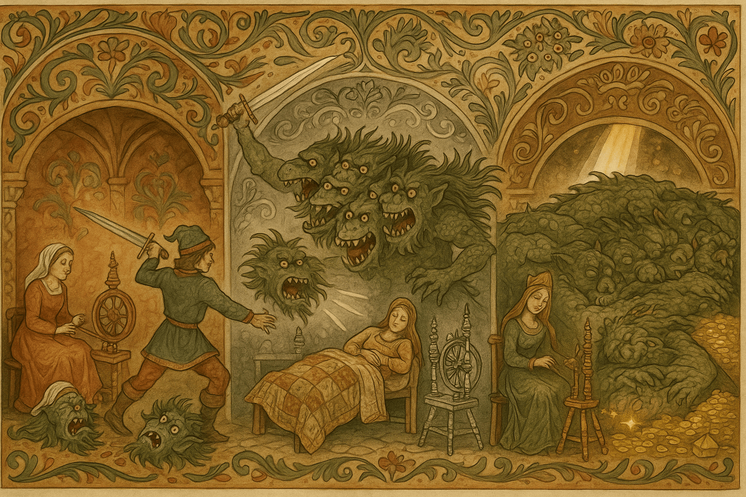 Soldaten kjemper i de underjordiske salene mot trolldrager med flere hoder mens prinsessene hjelper ham; rommene skinner i kobber, sølv og gull. Bildet fanger kampen der sverdet hogger av trollenes hoder og glansen i bergverdenen.