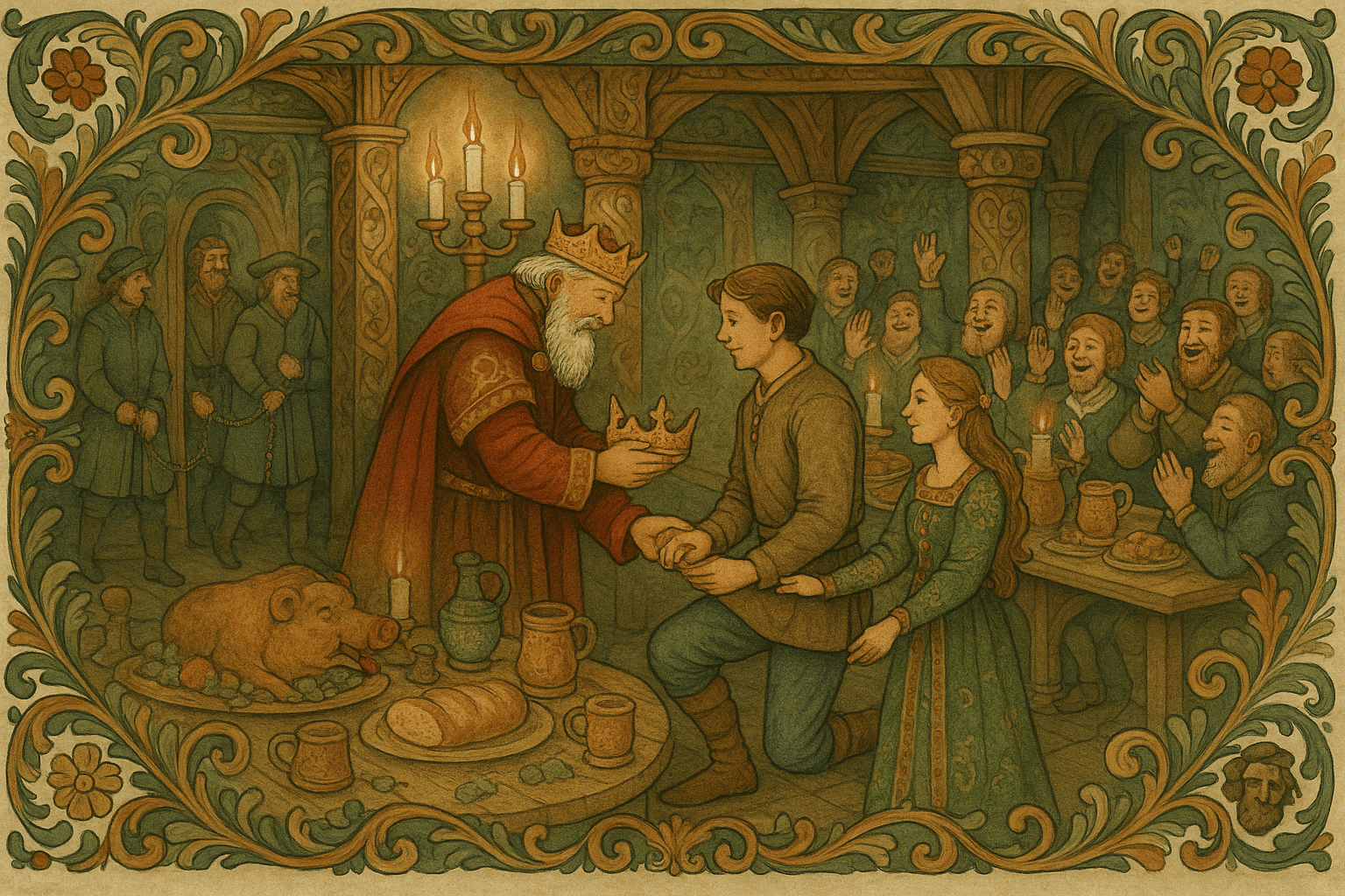 I kongens hall får soldaten gullkronen og kysser den yngste kongsdatteren i et stort bryllup, mens kapteinen og løytnanten blir ført bort. Scenen viser fest og belønning etter redningen av prinsessene.