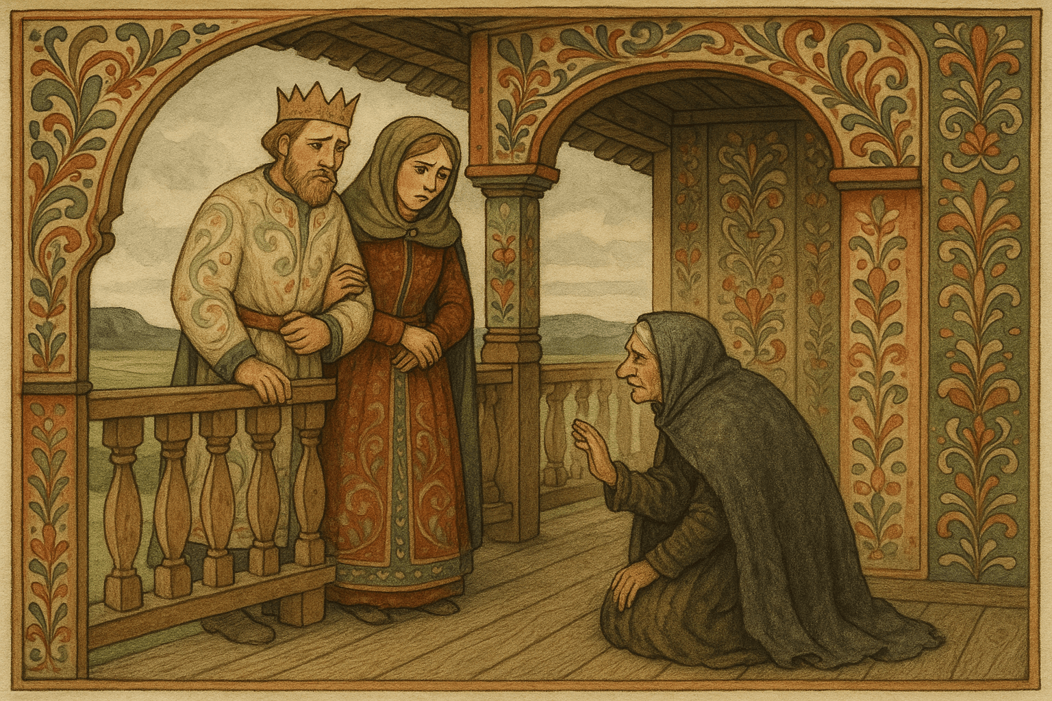 Kongen og dronningen på svalen ser ut over jordene mens en gammel tiggerkjerring gir dem et profetisk budskap om tre døtre. Scenen viser deres bekymring og et åpent nordisk landskap i bakgrunnen.