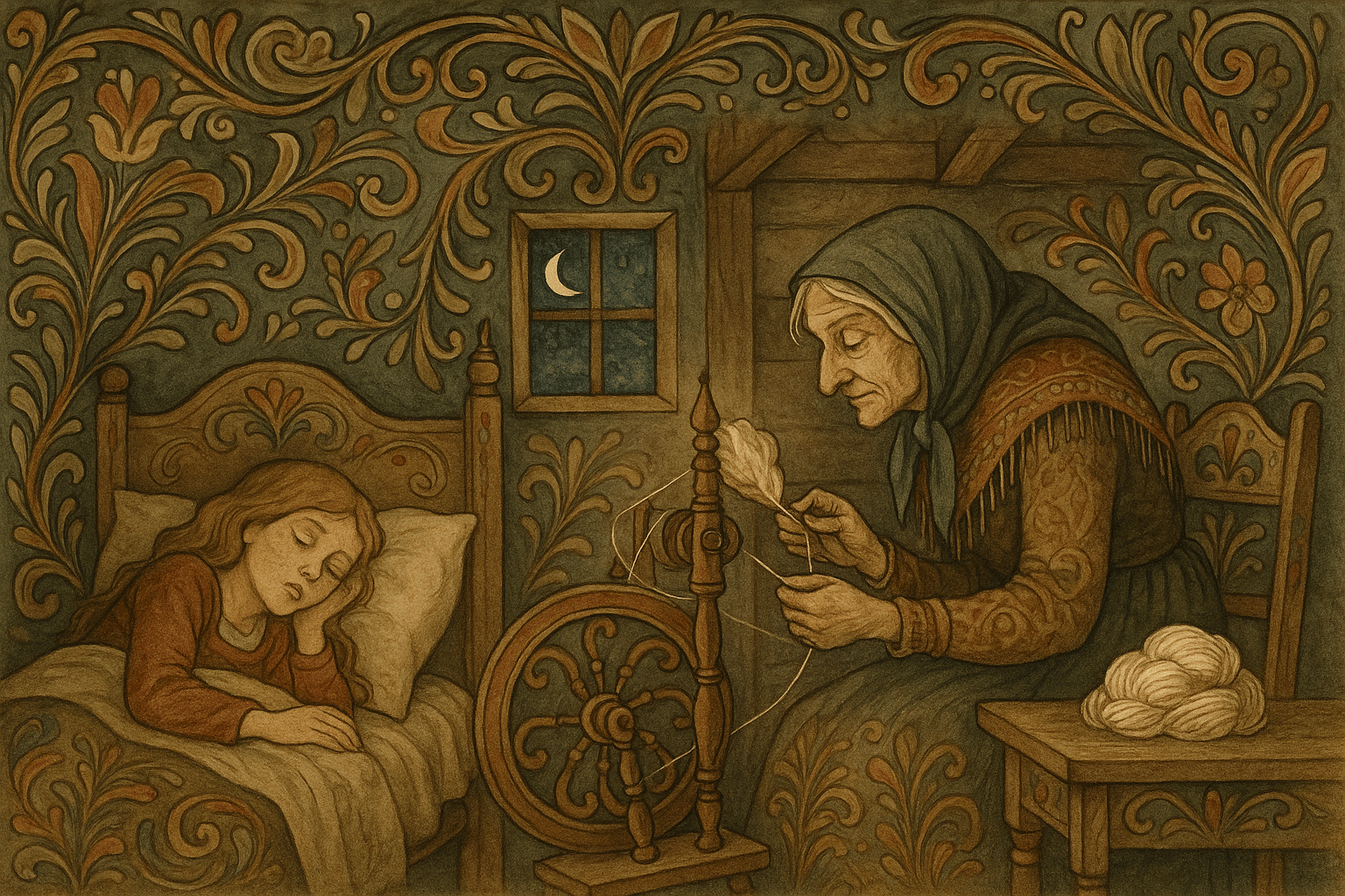 Ei gammel kone sitter ved rokken og spinner stille for den sovende jenta, med en bunke fint garn på bordet ved siden av.