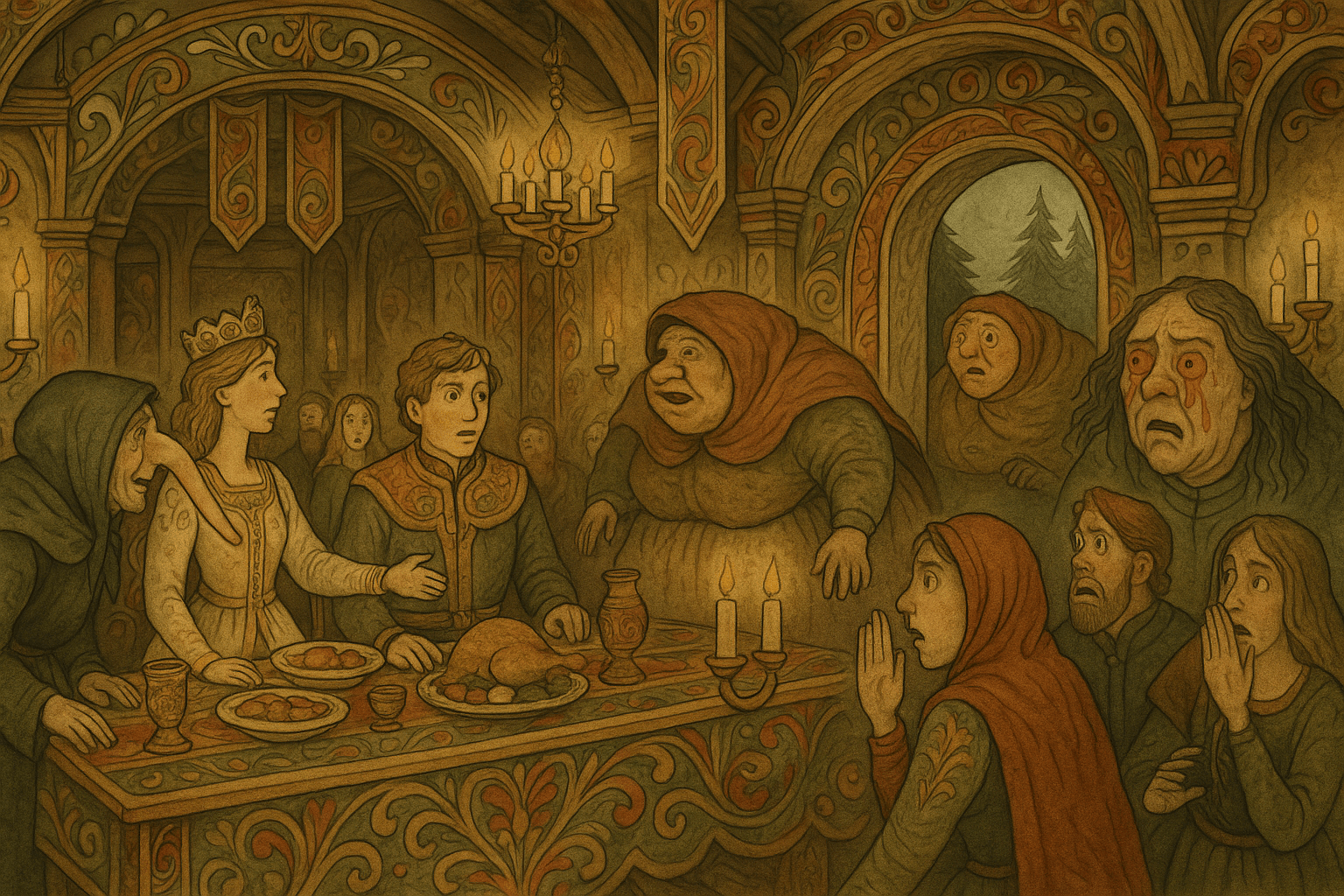 I bryllupssalen entrer tre stygge mostrer med lang nese, stor bak og røde øyne mens bruden hilser dem og gjestene ser forskrekket på.